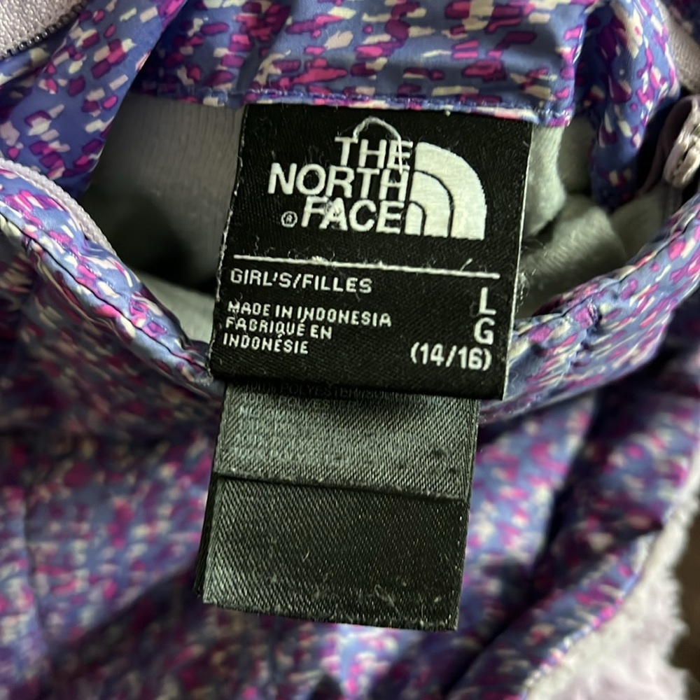 🛍️Girls The North Face Purple Print Reversible Fleece Puffer Jacket L 14/16 - Picture 6 of 10